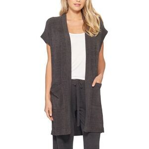 Women's Barefoot Dreams CozyChic Sleeveless Long Cardigan carbon‎ gray plus 2x
